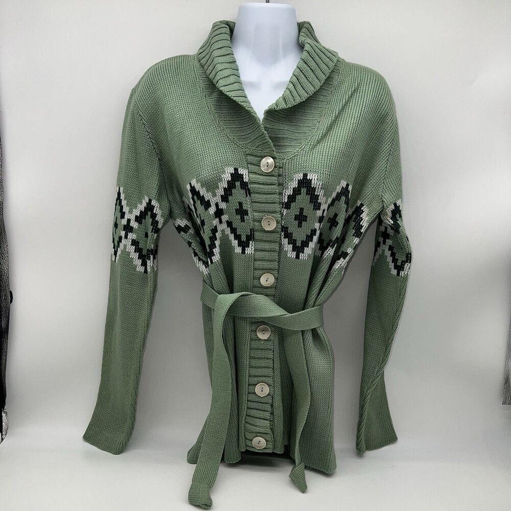 VTG Lansing Green Knit Cardigan Sweater w/Tie Belt Diamond Pattern the Chest-L